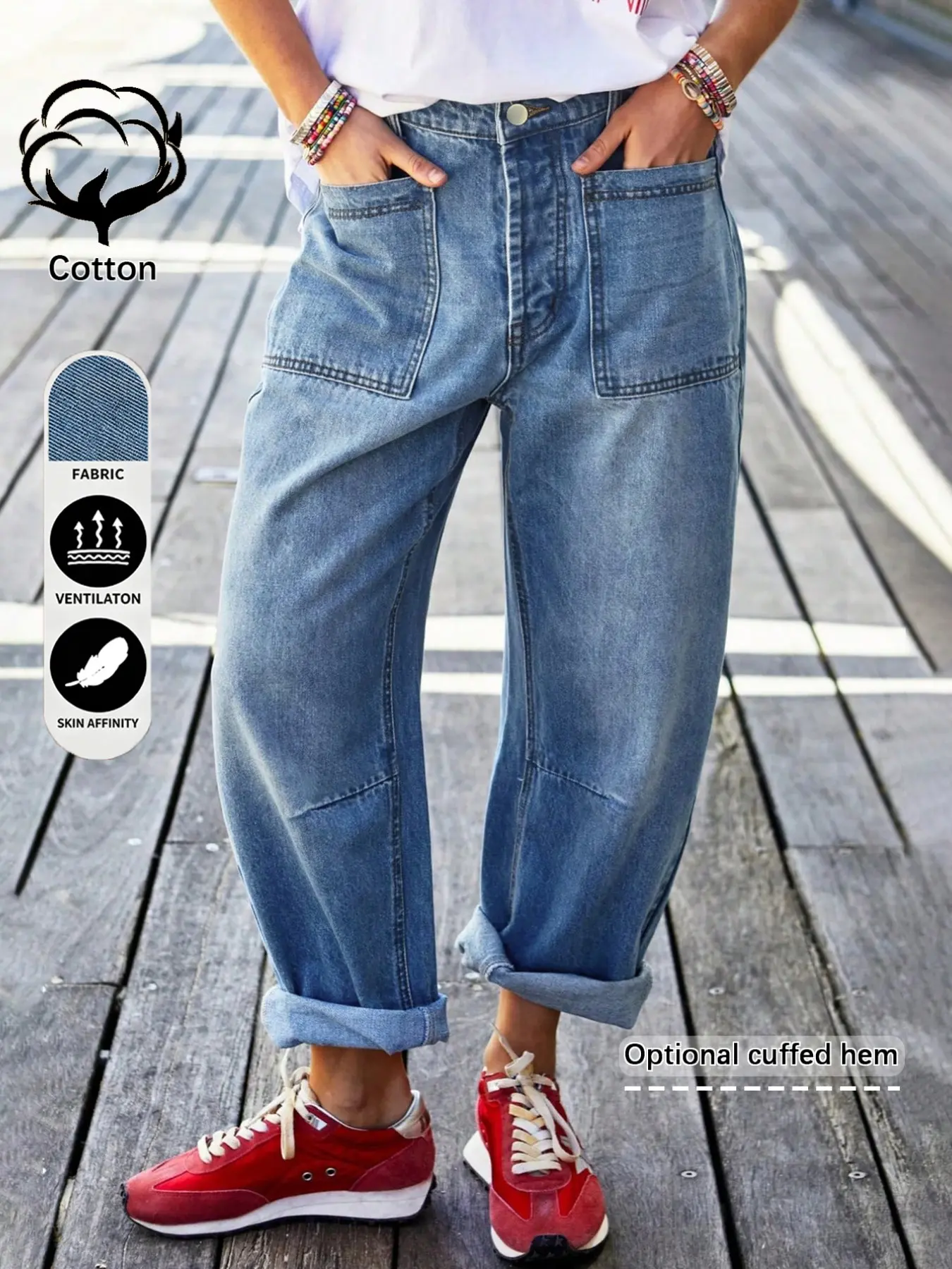 Women's Bucket Jeans, Front Button Back Elastic Waist, Large Patch Pockets, Loose Wide Leg, Rollable Hem, Two Ways to Wear, Denim
