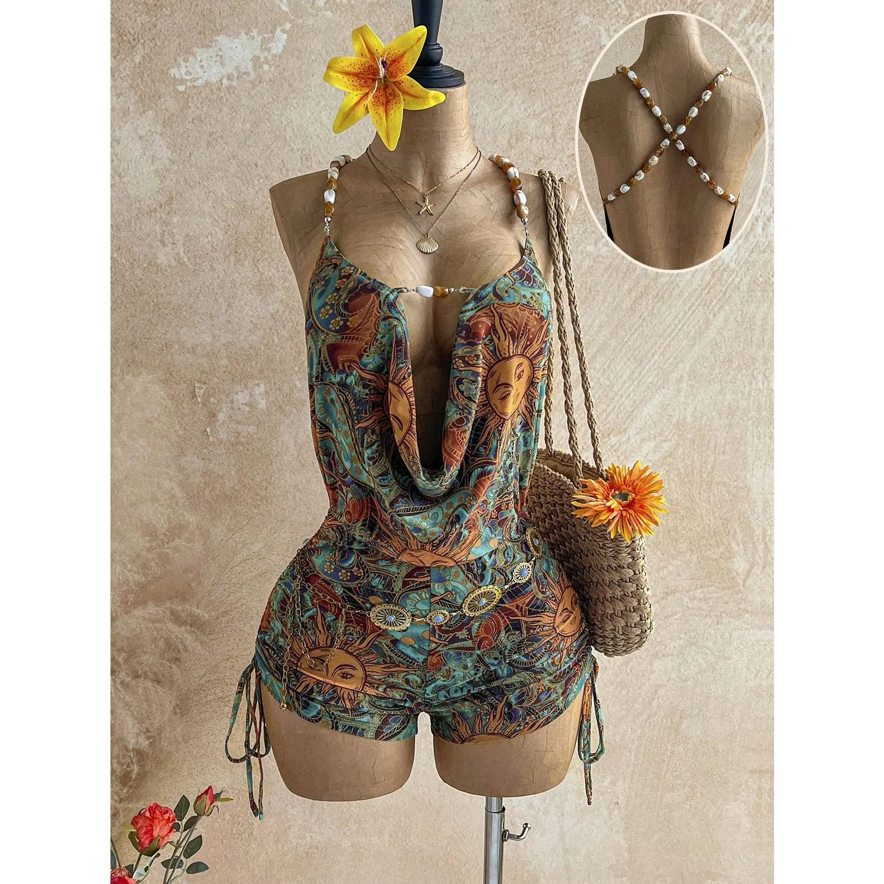 Plunging Neck Beaded Chain Jumpsuit For Women,Green Summer Boho Tropical Beach Vacation Holiday,Vintage Sun Totem Print Backless Fall Clothes