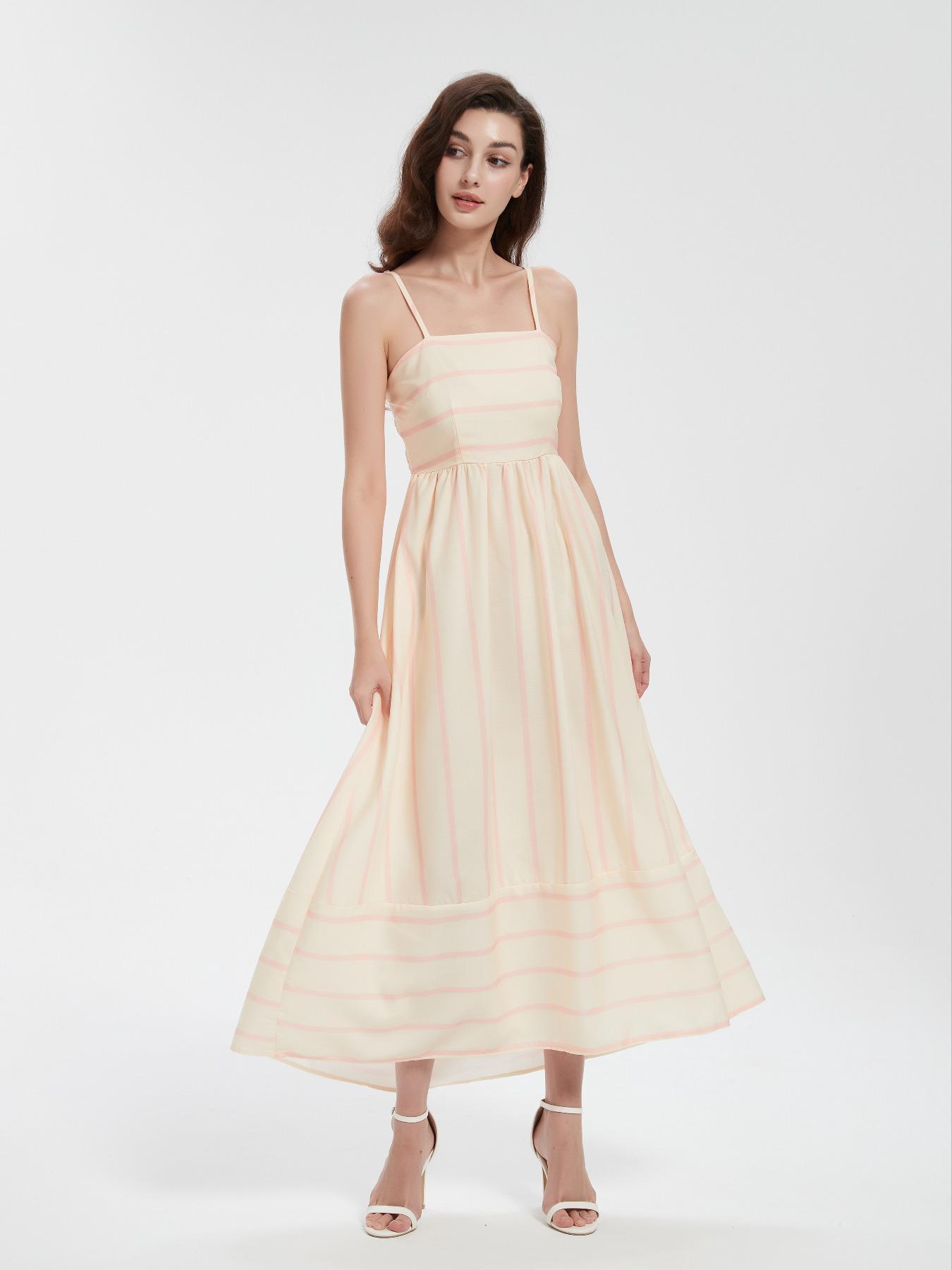 Women's Striped Print Cami Spaghetti Strap Sleeveless Dress, Fashion Casual Long Dress for Daily Outdoor Wear, Ladies Dress for Summer, Casual Basic Fashion, Casual Chic Dress