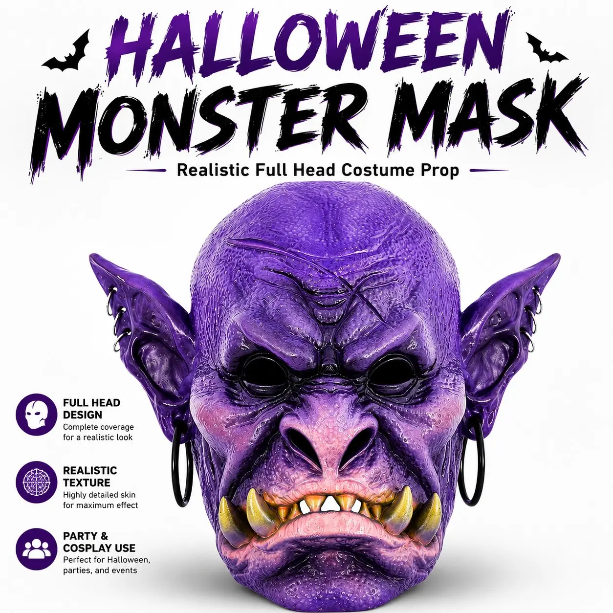 Halloween Monster Full Head Mask, Realistic Goblin Orc Latex Costume, Adult Cosplay, Party & Halloween Props, Unique Horror Accessory