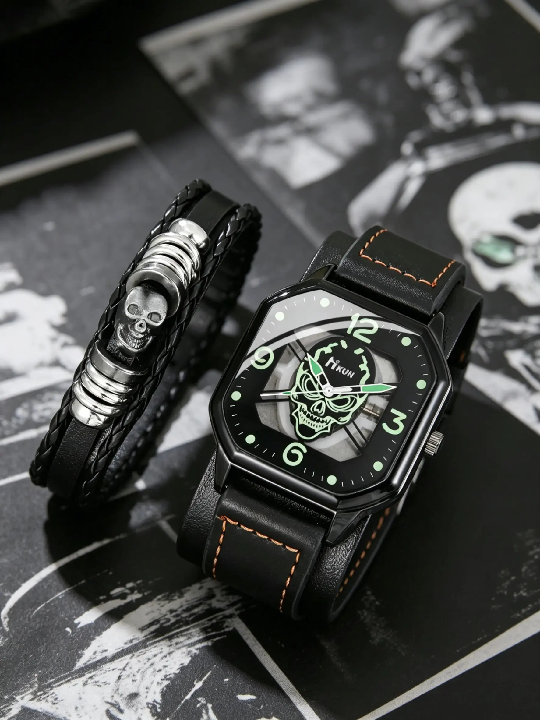 Men's Business Fashion Casual Analog Quartz Watch Set 2pcs, Luminous Dial, Ghost Head Bracelet, Perfect Gift for Birthday Halloween Thanksgiving, Fashionable Wristwatch