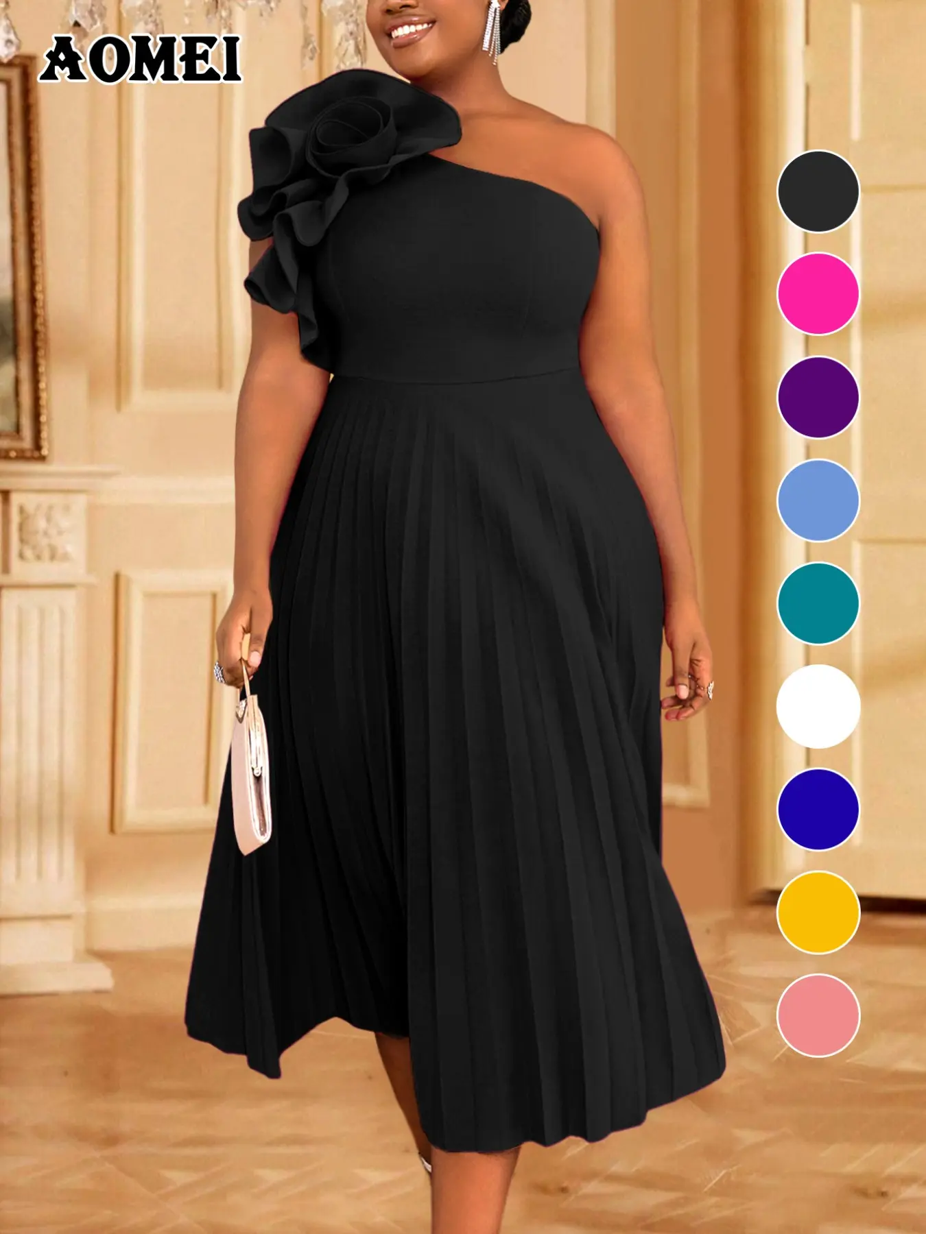 AOMEI Plus Size Fashion 3D Flower Asymmetrical Midi Dress, One Shoulder Asymmetric Neck Sleeveless Pleated Skirt, Casual Fitted A-Type Dress