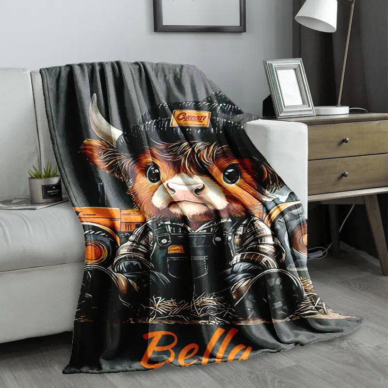 Personalized Name Flannel Blanket - Cute Highland Cow Calf Cartoon & Tractor, 280GSM Heavyweight Polyester, All-Season Soft Warmth, Machine Washable, Farm-Themed Sofa Cover Gift for Adults, Personalized Blankets, Flannel Blankets