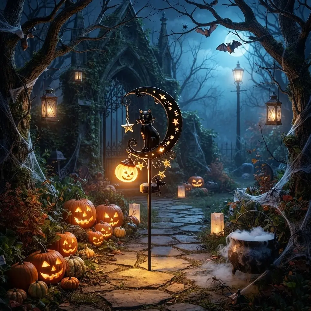 Halloween Solar Ground-Stake/Outdoor Pumpkin Decoration Light | Metal Black Cat, Pumpkin, and Moon Silhouette Night Light — Waterproof LED Outdoor Halloween Decor for Patios, Lawns, Gardens, Walkways, Parks, and Camping Parties