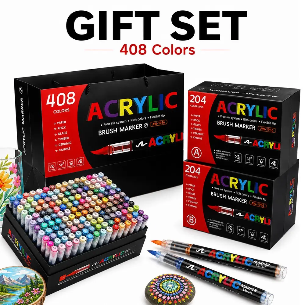 408-Pack Liquid Flow Soft Tip Acrylic Markers, DIY Art Supplies, Ideal for Card Making, Stone Painting, Christmas Decor, Office & School Use