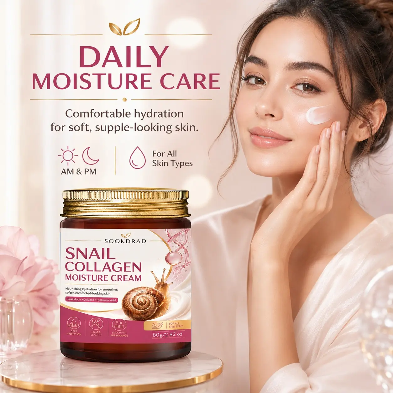 Snail Collagen Moisture Cream, Snail Mucin, Collagen, Hyaluronic Acid, Deep Hydration, Firm & Elastic, Smoother Appearance, All Skin Types, 80g