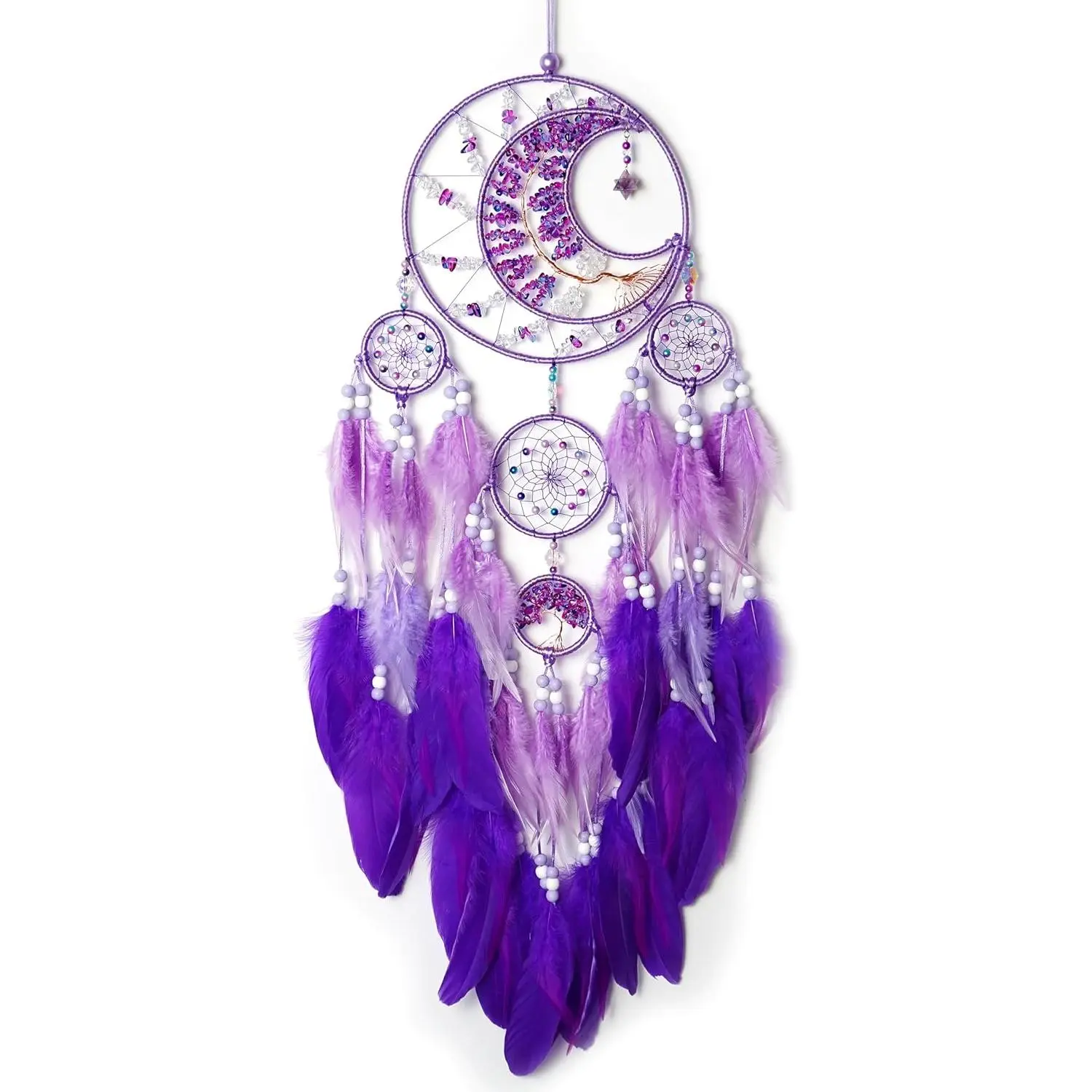 Large Handmade Dream Catcher - Woven Purple Moon with Light, Feathers, Circle, Tree & Metal Healing Crystal Stone - Home Decor Wall Hanging for Bedroom, Wedding Gift, Hangable