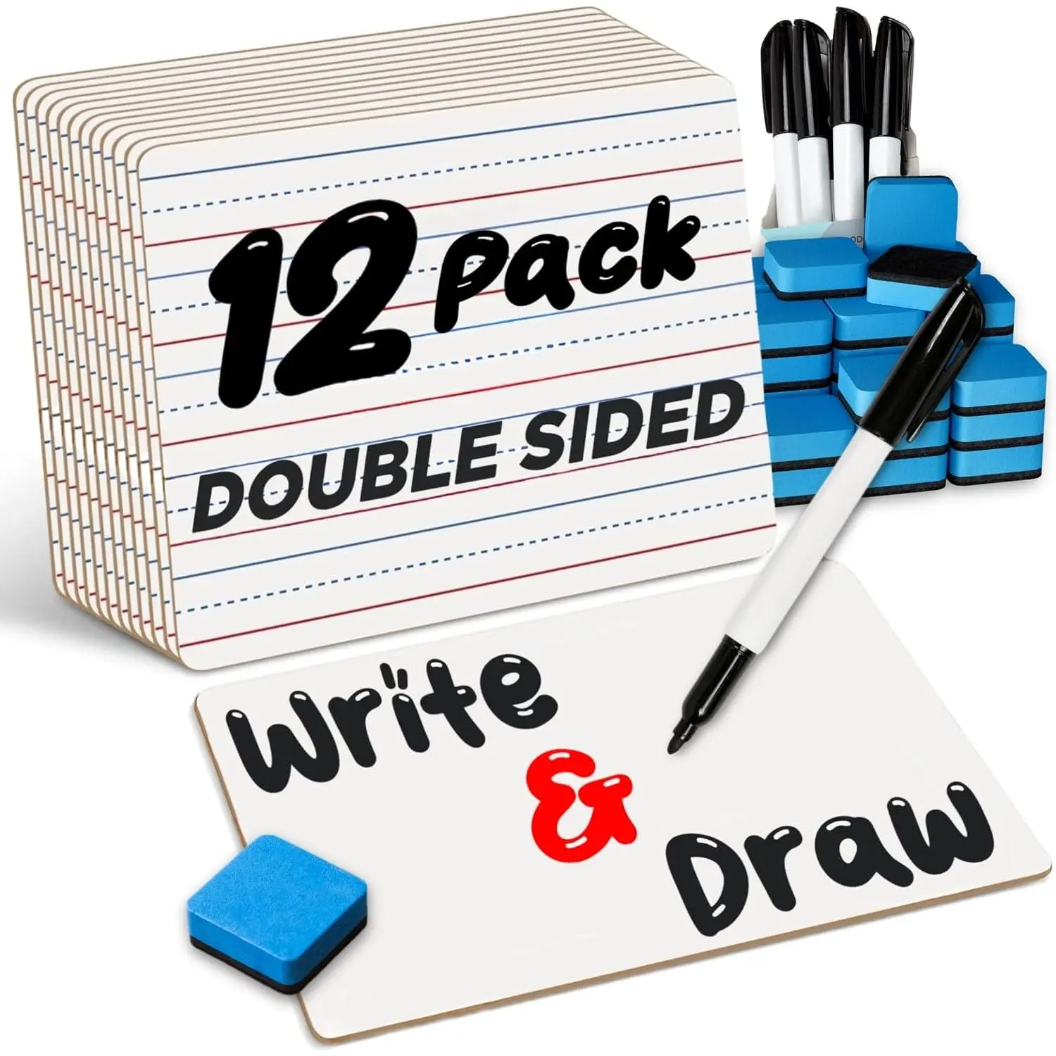 Double Sided Lined Dry Erase Mini White Board (9x12 in, 12 Boards + 15 Pens/Erasers) - Mini Size Lapboard for Learning, Students