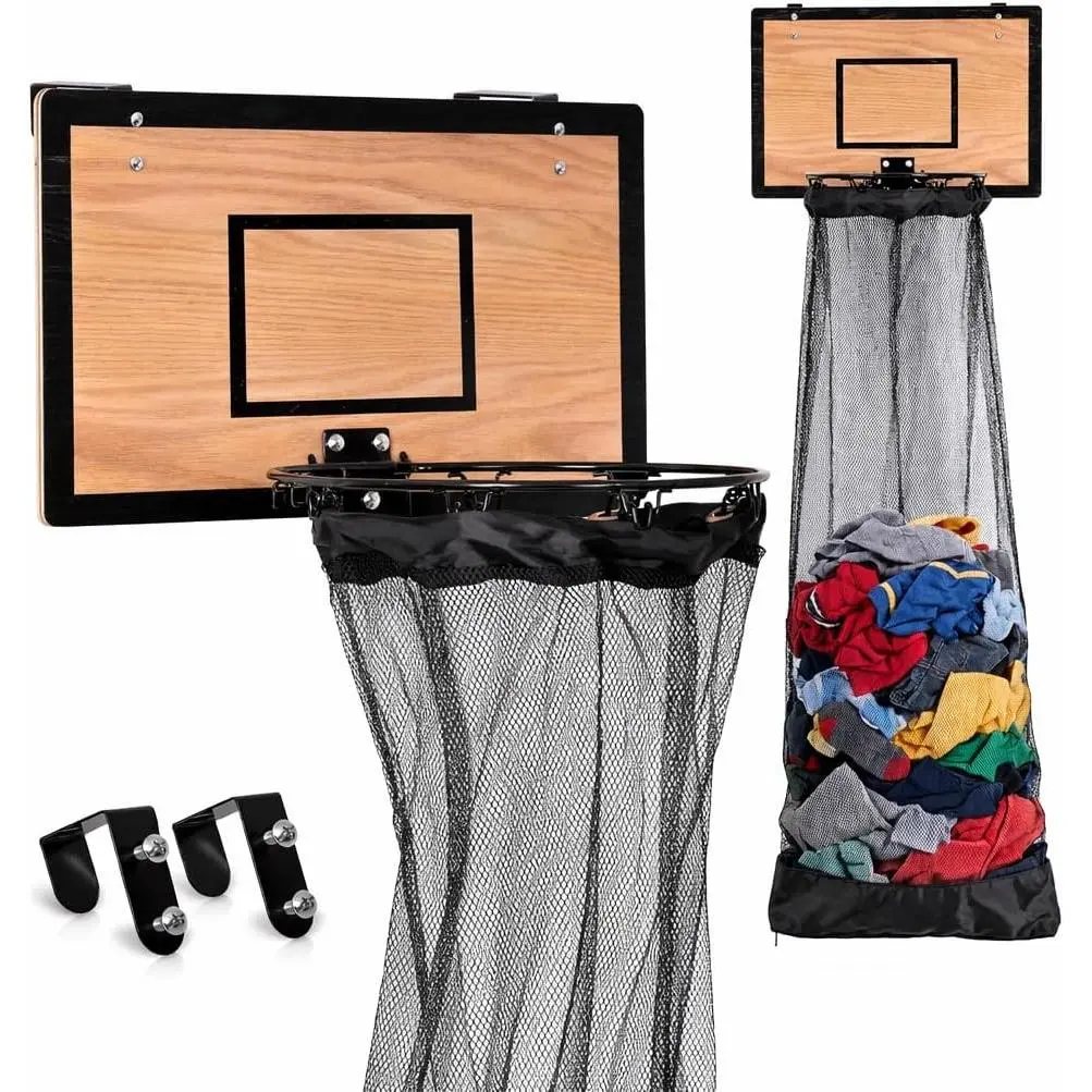 Wooden Basketball Hamper - Hoop Laundry Basket Over the Door - Room Decor