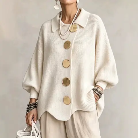 Women's Lady French Lapel Oversized Knit Cardigan - Baggy Basic Solid Color Sweater Coat with Big Metal Buttons, Irregular Hem Lantern Long Sleeves for Spring Fall Knitwear