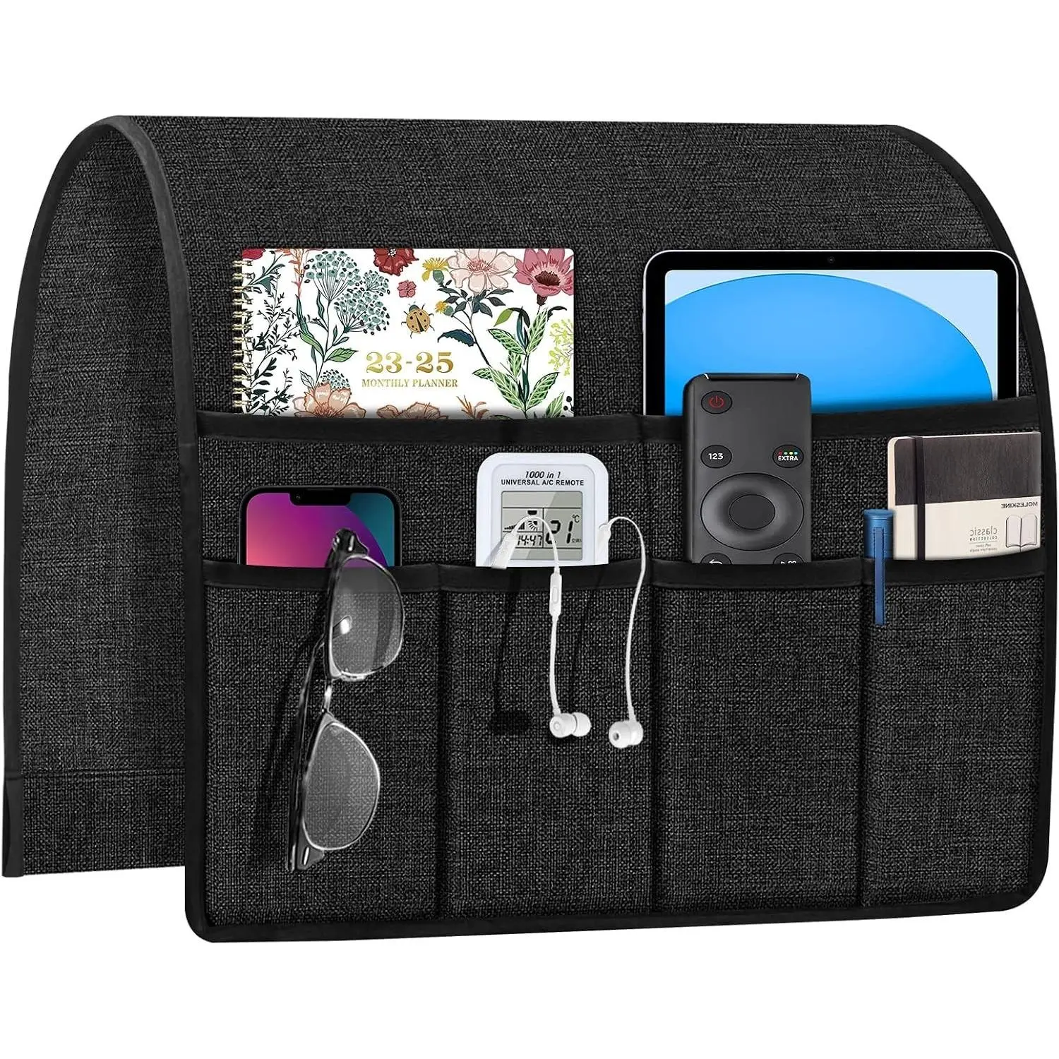 Remote Caddy Couch Remote Control Holder for Recliner Sofa Armrest Organizer Non Slip Arm Chair Caddie with 6 Pocket Storage for Magazine, Tablet, Phone, iPad, Black