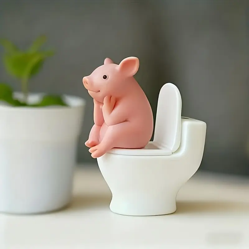 Cute Piggy Sitting on Toilet PVC Bathroom Decor, Decorative Figurine, Desktop or Wall Mount, Home Office Desk and Living Room Display, Home and Bath Decoration, Decor Figurine, Decoration Figure