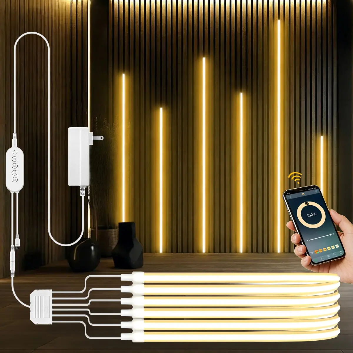 Smart Bluetooth-compatible APP Control Warm White COB LED Neon Light, Led Neon Strip, Dimmable Led, Adjustable Brightness, 24v RF Remote, Ideal for Cabinet Grille Wood Wall Backlight Decoration