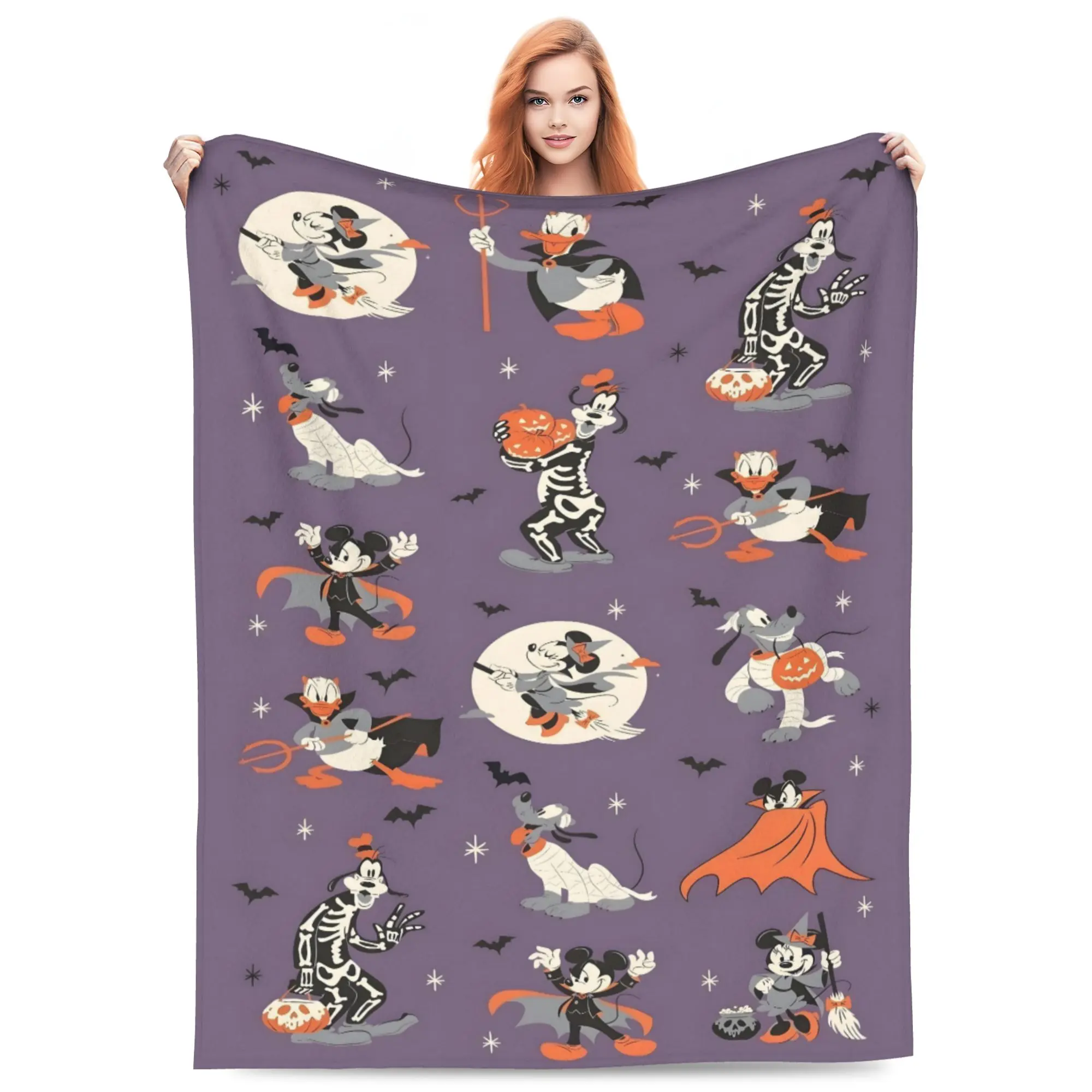 DISNEY CLASSIC Retro Mickey Friends Halloween Throw Blanket, Vintage Mickey Minnie Donald Goofy Pluto Witch Skeleton Vampire Bat Pumpkin Purple Background Print, Soft Flannel Lightweight Cozy Blanket for Sofa Bed Halloween Decor