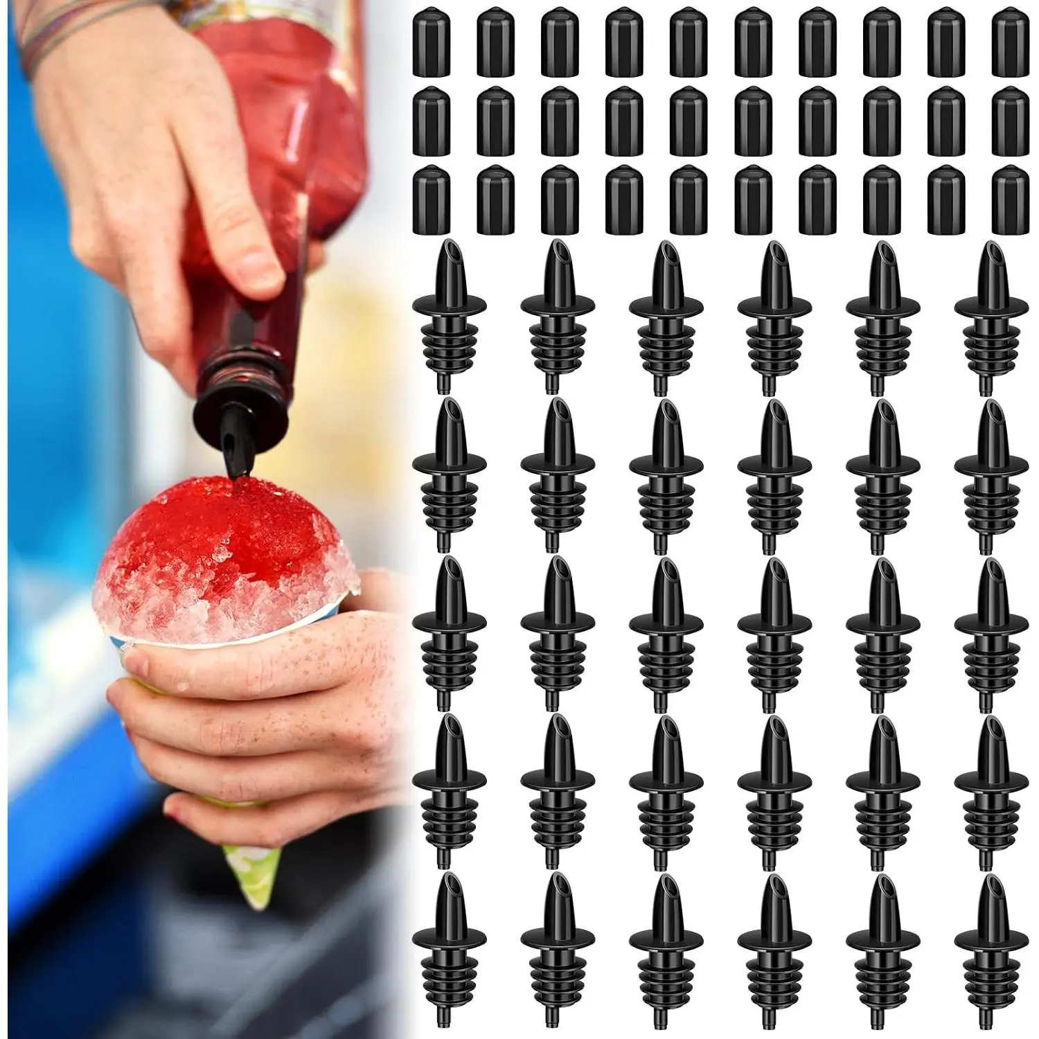 60 Pcs Bottle Pourers Syrup Pour Spouts Including Snow Cone Syrup Alcohol Liquor Bottle Pourers and Rubber Dust Cap Covers Dispenser Accessories