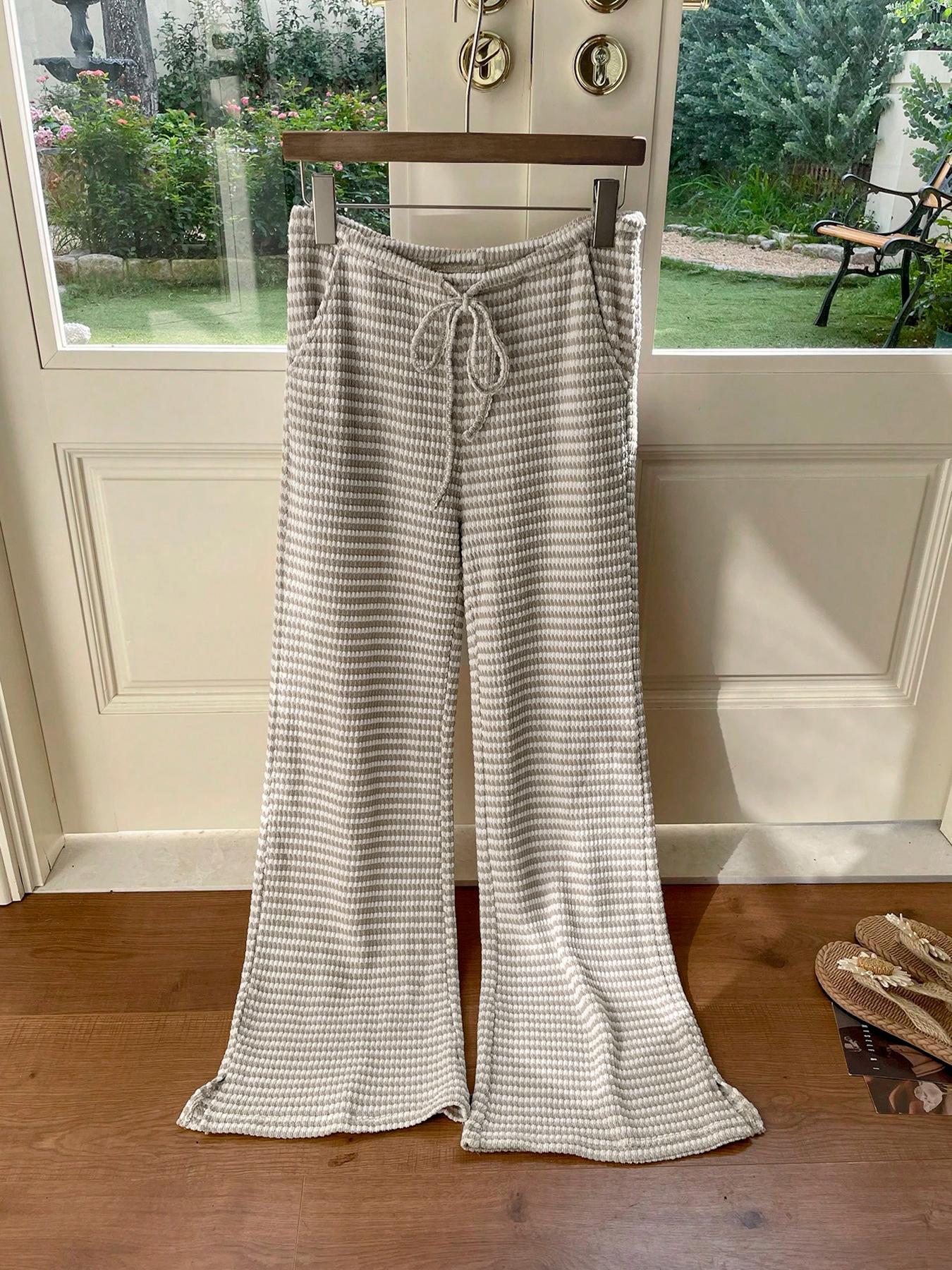 Women's Summer Knitted Striped Drawstring Pocket Casual Loose Wide Leg Pants, Perfect for Daily Wear and Vacations