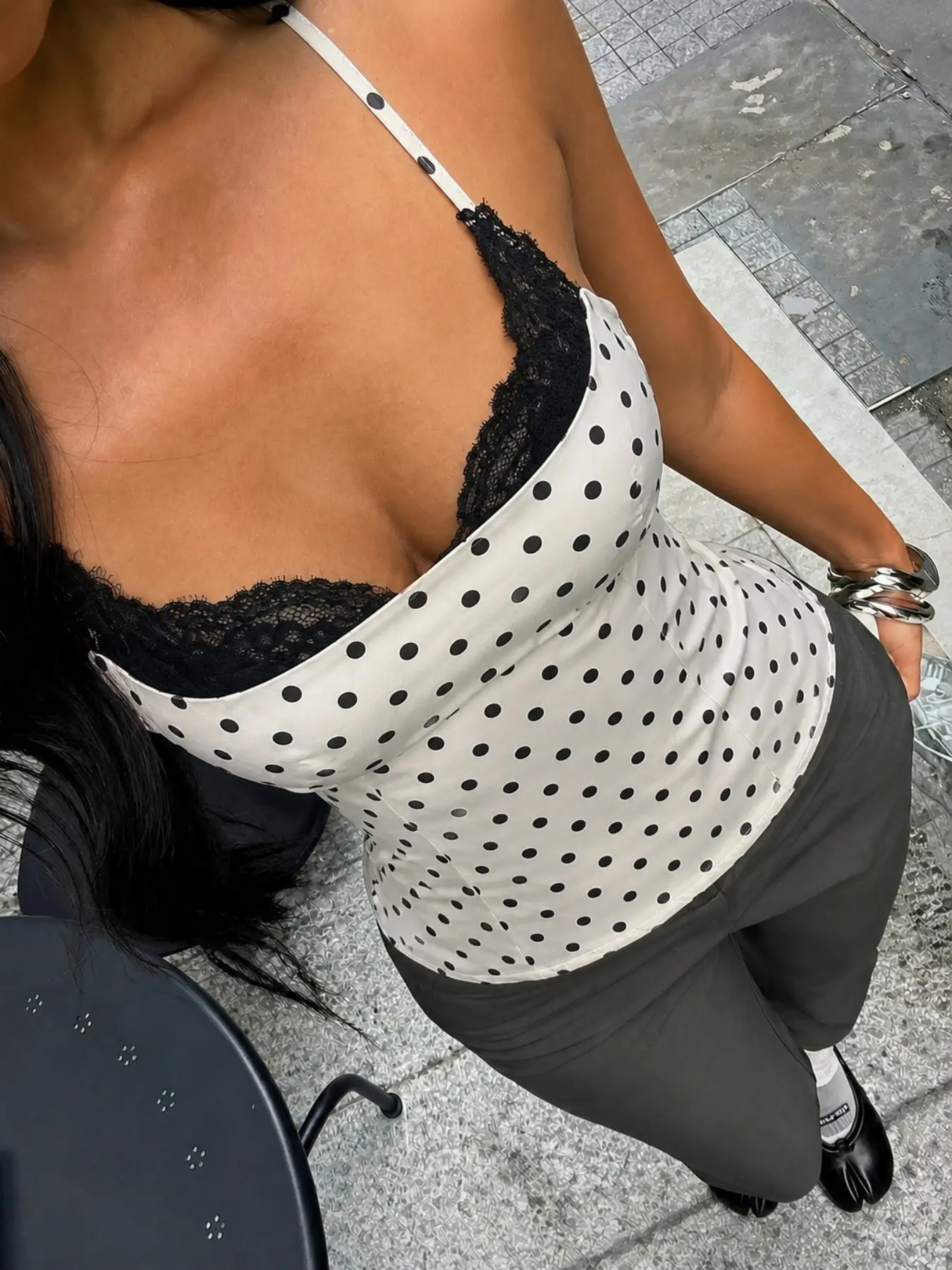 Women's Sexy Top with Polka Dot Pattern and Lace Trim, Camisole Shirts, Sleeveless, Spaghetti Strap, Trendy Alternative Fashion, Bold and Edgy Style, Perfect for Unique
