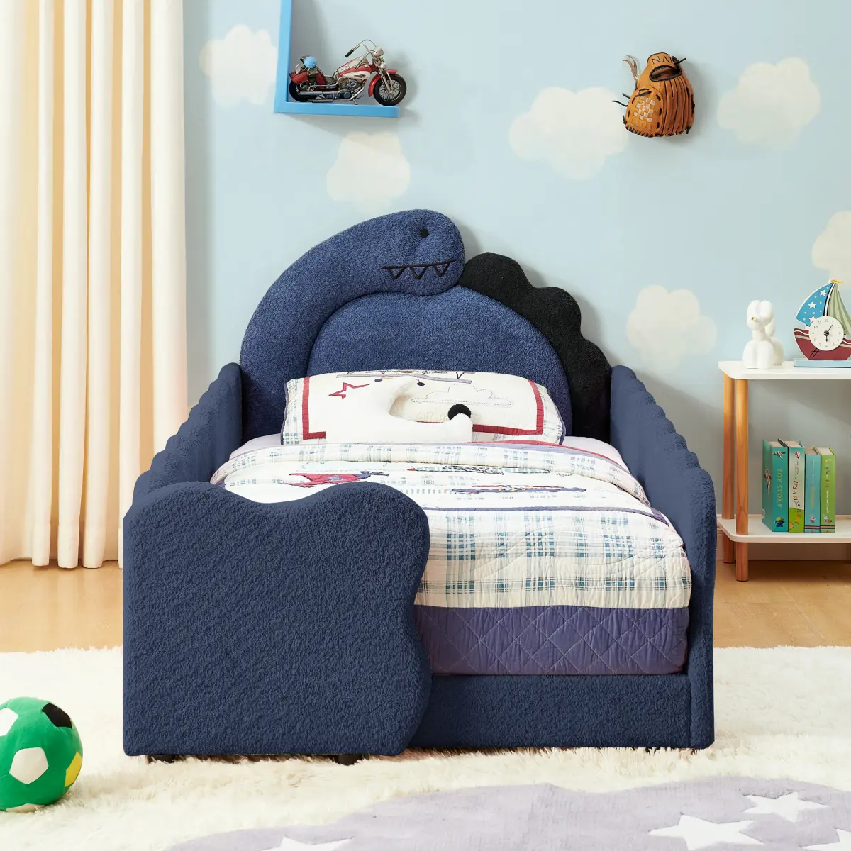 Twin Size Upholstered Platform Bed Frame with Cute Dinosaur-Shaped Headboard, for Boys and Girls, Boucle Bed with Thickened Guardrail and Slats, No Box Spring Required, Easy Assembly