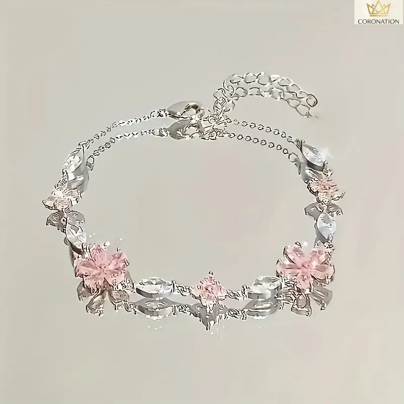 Cherry Blossom Bracelet for Women, Pink Crystal Flower Chain Jewelry, Dainty Y2K Coquette Aesthetic, Sparkling Zircon Petal Charm, Adjustable Fit, Romantic Jewelry for Date Night, Wedding & Everyday Wear