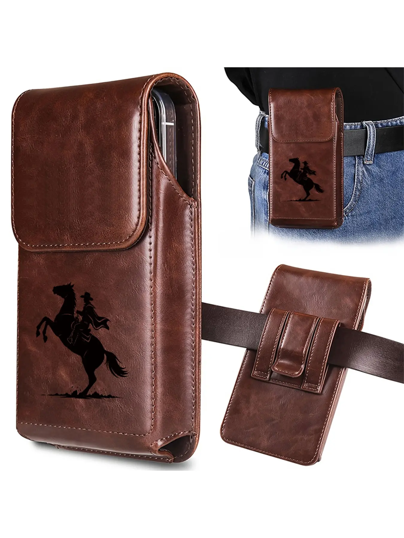 A men's vintage denim horse riding pattern waistband waist bag, suitable for outdoor activities and daily use, perfect for vintage style and denim enthusiasts, birthday gifts, Halloween gifts, Christmas gifts, Waist Pack