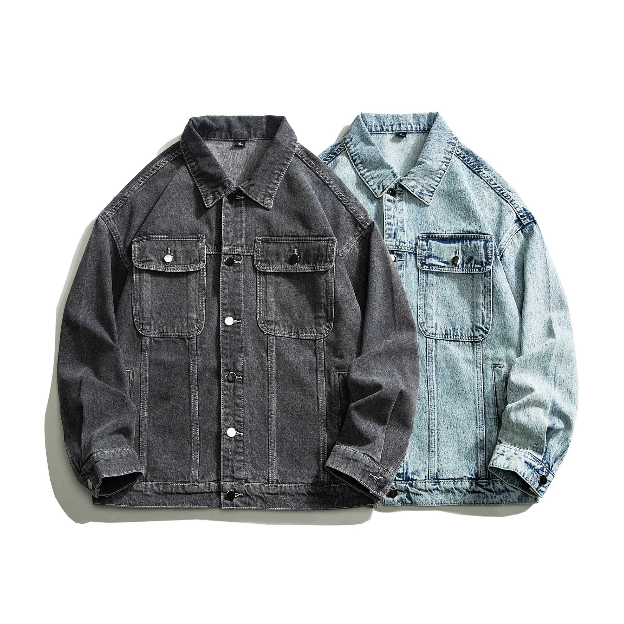 Men's High Cotton Vintage Washed Denim Trucker Jacket, Button Down Long Sleeve Double Chest Pocket Jean Coat, Relaxed Fit Classic Streetwear Casual Overshirt Outerwear Available in Dark Grey Light Blue for Men Daily Outdoor Wear