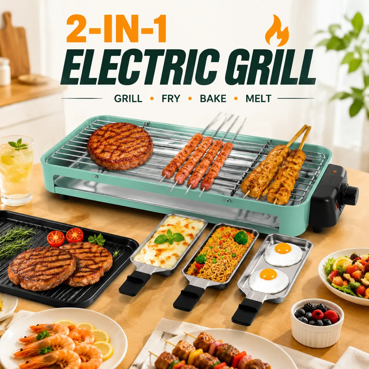 indoor electric grill, 2 in 1 bbq grill, electric barbecue, removable grill plate, home cooking grill-5283