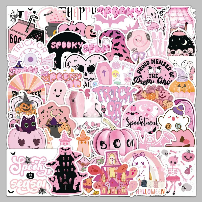 Pink Halloween Waterproof Fridge Stickers, DIY Decor Stickers for Refrigerator, Journal, Greeting Cards, Deco Card, Gift Decor