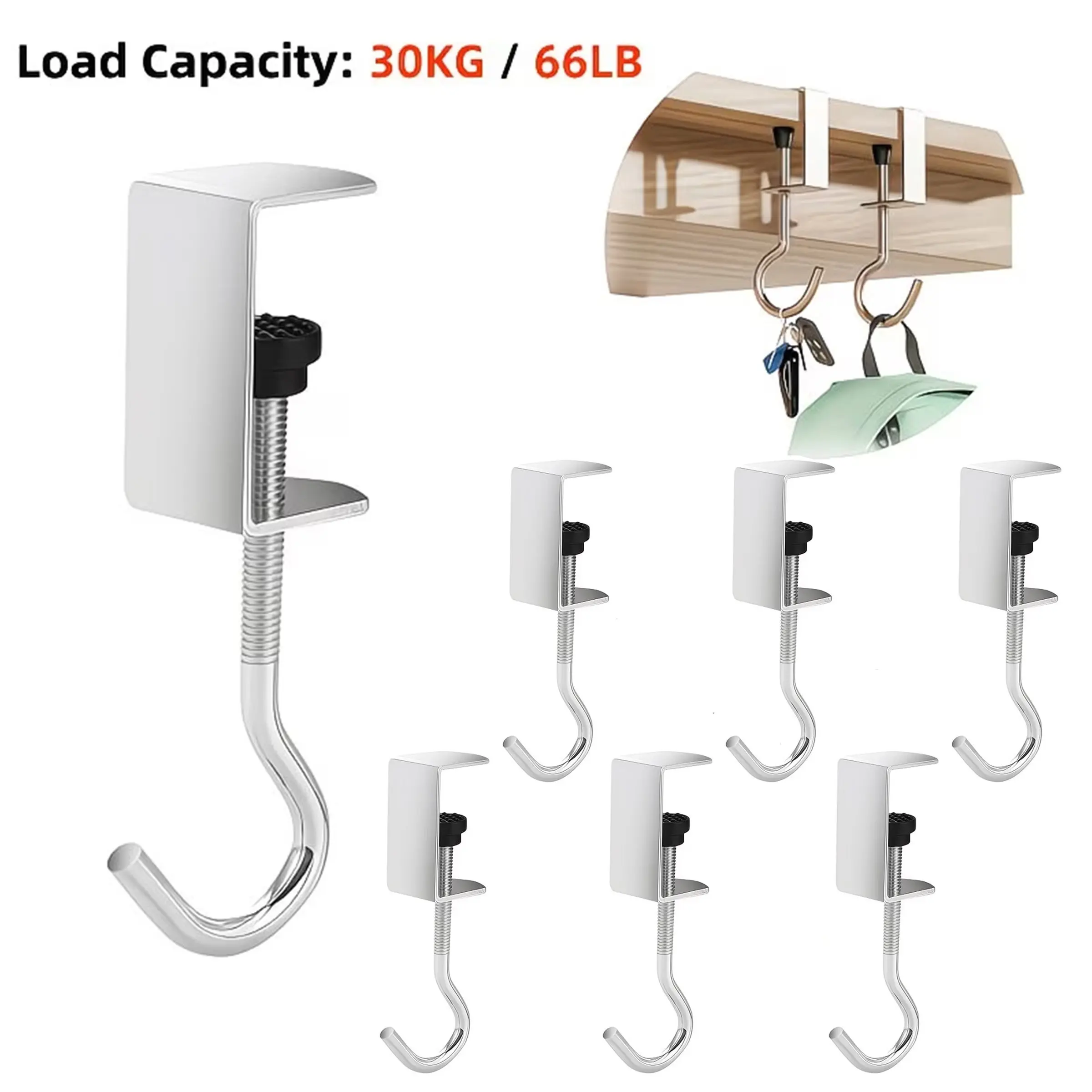 7-Pack Adjustable Clip Hooks, No-Drill Desk Edge Hooks, Fits 1.4-3.1 Cm Wood, 30 Kg Load Capacity, Desktop Office Cabinet Bag Storage Hooks, Home Organizer Hook