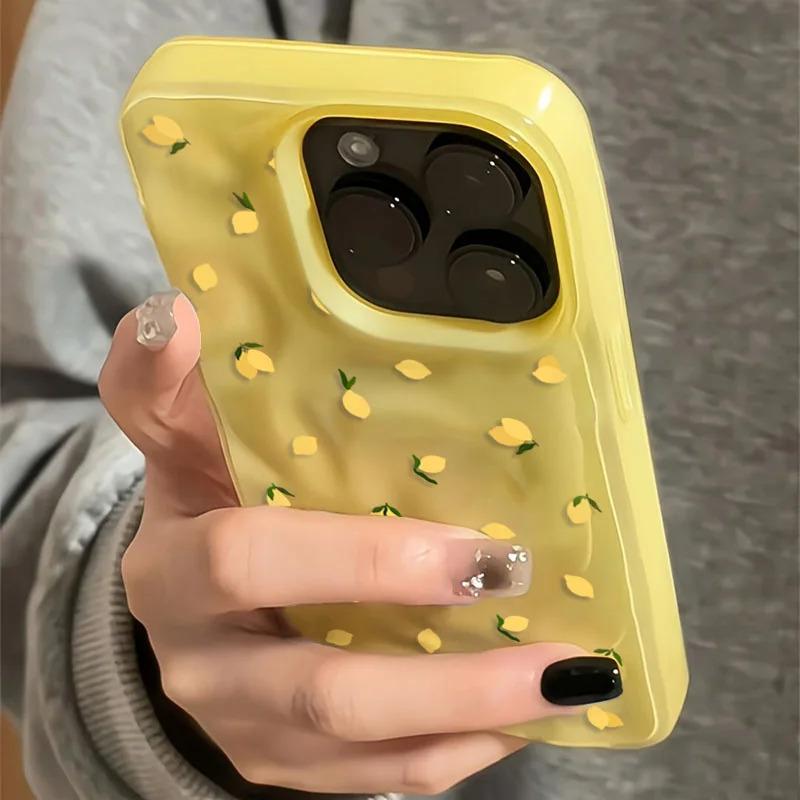 Yellow Lemon Shockproof Anti-Scratch Protective Case for iPhone 11 12 13 14 15 16 17Pro Max 14 Plus Folds Texture Soft Funda Cover