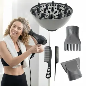 Hair Dryer Accessory Kit 5-Pack - Curling Nozzle, Air Flow Concentrator, Diffuser, Styling Comb & Dust Cover, Home Salon Essential