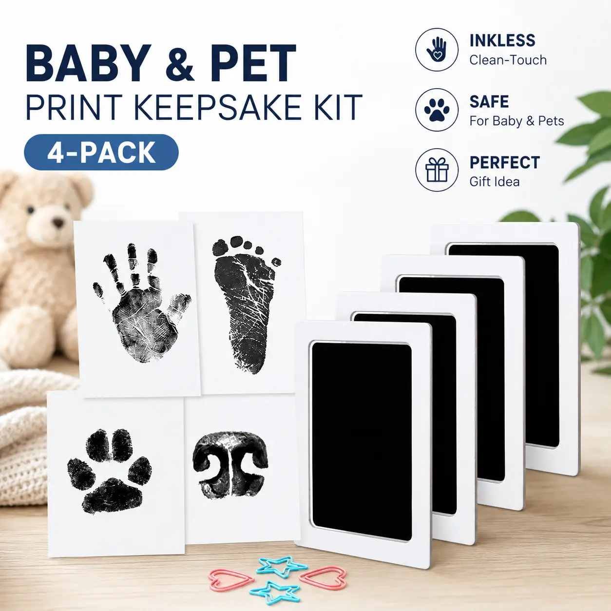 Baby Hand and Footprint Kit, 4-Pack Large Clean-Touch Inkless Pads for Newborn Keepsakes and Pet Paw & Nose Prints, with 8 Imprint Cards, Pa, Paw Nose Print, Large(Pack Of 4), Gift, Infant, Paw Prints