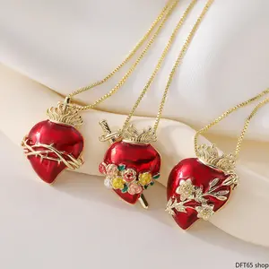 Red Enamel Heart Pendant Choker Necklace 18K Gold Plated Polished Copper Chain Gloss Sealed Color Coating Thin Adjustable Cable Chain Short Length Silhouette For Women Daily Vintage Minimalist Decorative Neck Jewelry
