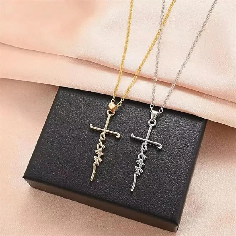 Women's 4PCS Christian Cross Faith Word Pendant Necklaces - Church Prayer Religious Costume Jewelry Gift