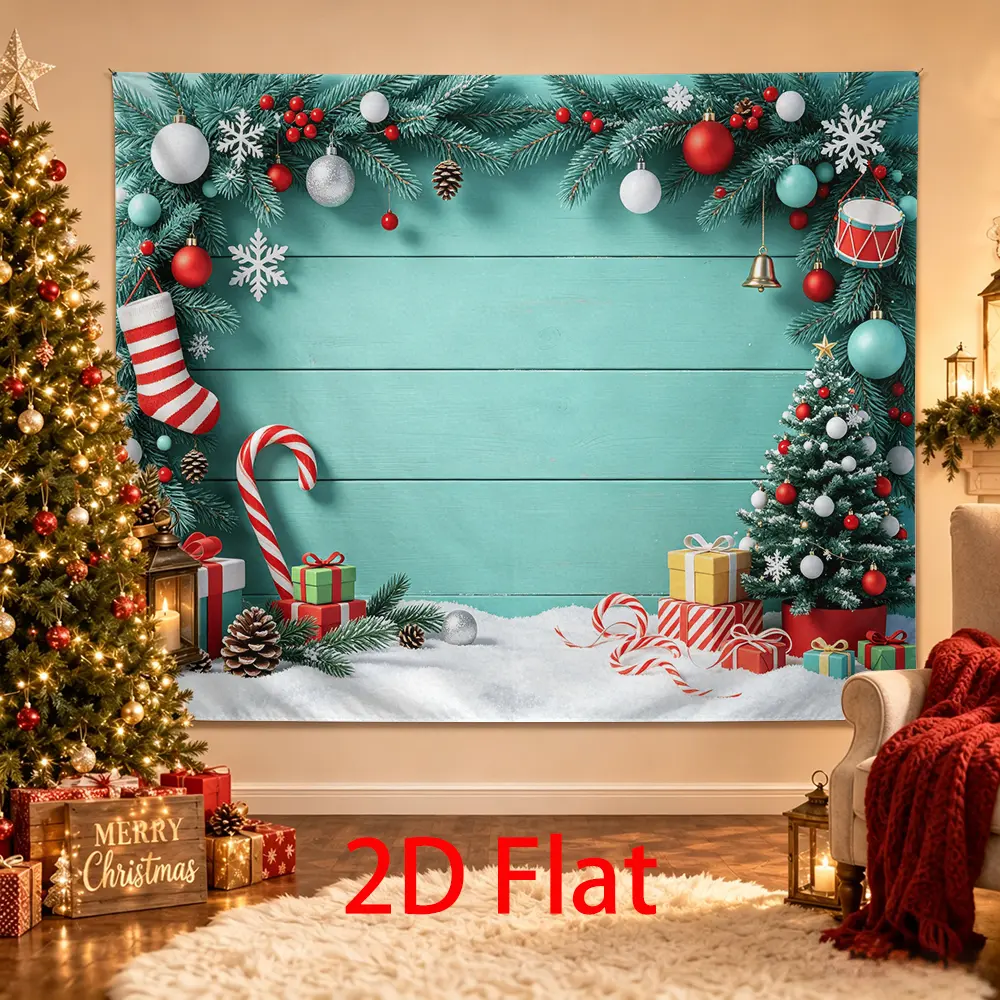 Turquoise Christmas Backdrop, Wood Holiday Photography Background with Stocking, Candy Cane, Christmas Tree, Gifts and Snow