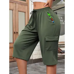 Women's Spring/Summer Fashion Casual Solid Color Cargo Capri Pants with Elastic Waist Drawstring, Multi-Color Zipper, Large Capacity Pockets, Suitable for Outdoor Leisure, Sports, and Daily Fashion Wear in Spring and Summer