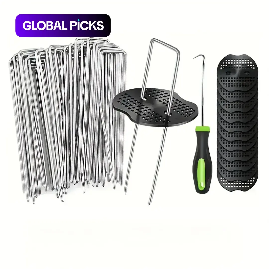 101-Piece Garden Stake Set (50 U-Shaped Stakes + 50 Pads) + 1 Hook, Zinc-Plated Lawn Barrier Pins, Gardening Fabric Nails, Garden Plant Stakes, Garden Supplies #GLOBAL PICKS