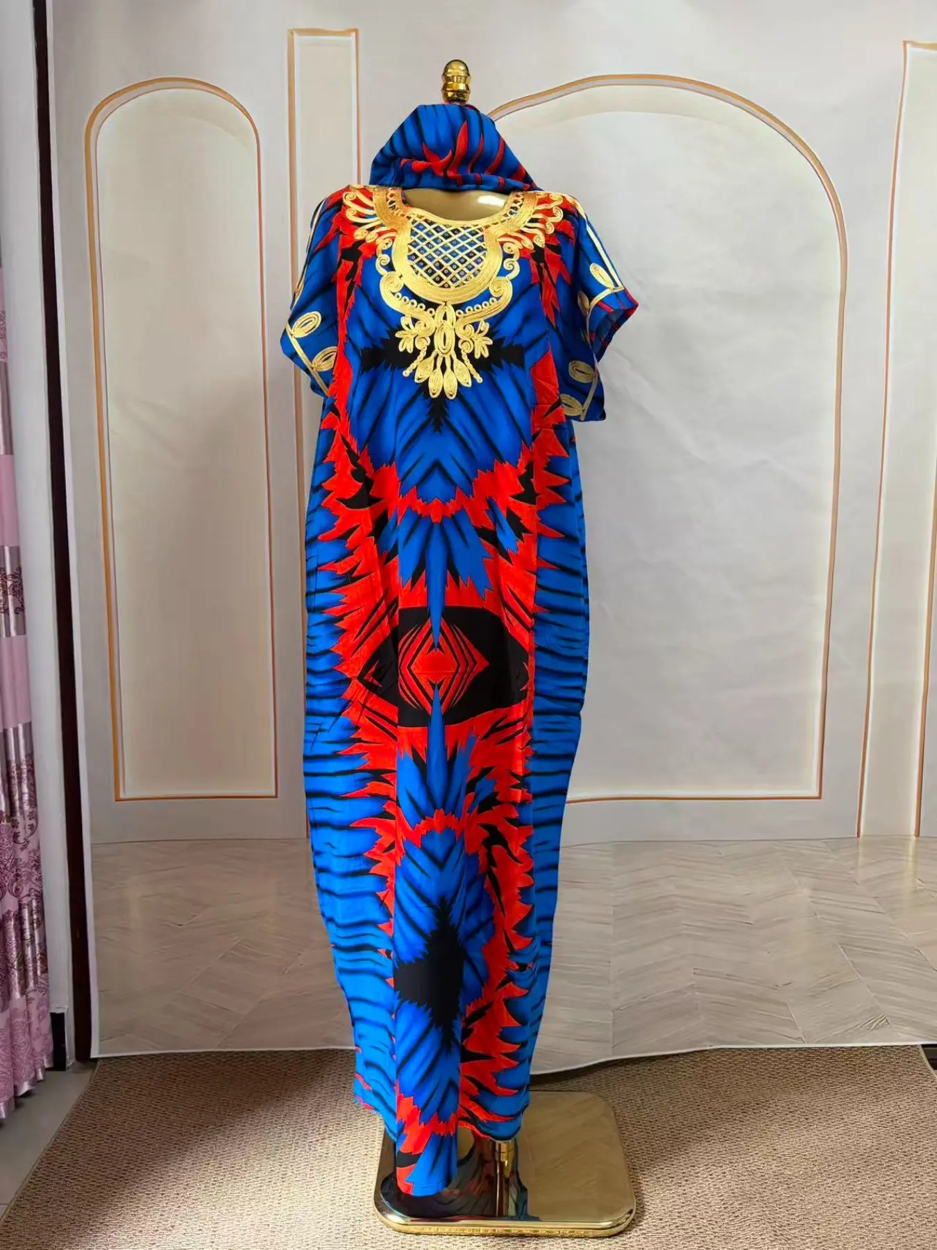 African Style Embroidered Hooded Robe Dress, Ethnic Pattern Kaftan Dresses, Loose Fit Large Size Blue Print Beach Dress, Middle East Dubai Modesty Muslim Clothing Casual Outerwear