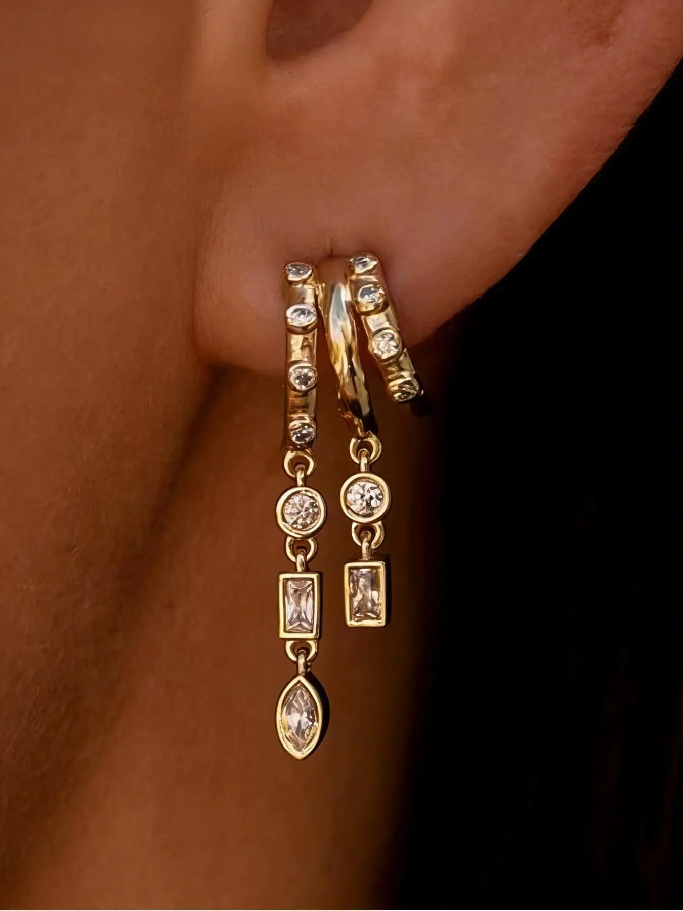 14K Gold Plated CZ Drop Huggie Stackable Earrings for Women, Dainty Multi-Gemstone Dangle Design, Hypoallergenic Brass, Perfect for Everyday Wear & Layering, Trendy Minimalist Statement Jewelry