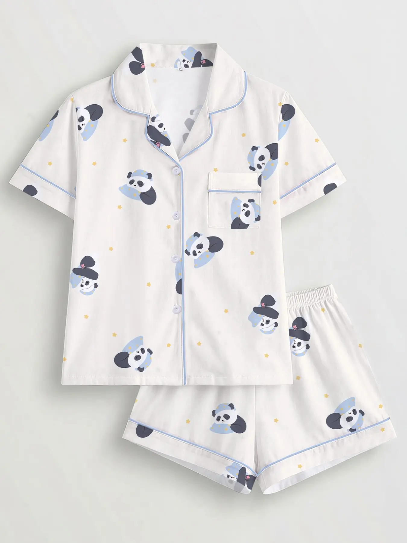Women's Panda Print Pajama Set, Short Sleeve Button Front Top & Elastic Shorts, Casual Home Wear, Casual Fitted Sleepwear, Comfortable Sleepwear for All Seasons