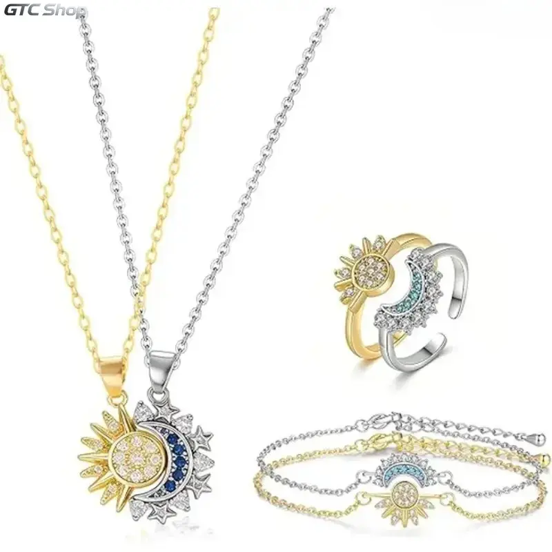 3pcs Sun Moon Matching Jewelry Set for Couples Adjustable Matching Sun and Moon Magnetic Necklace Magnetic Bracelet Ring Set Couple Jewelry Gifts for Him and Her, Party, Love & Back to School