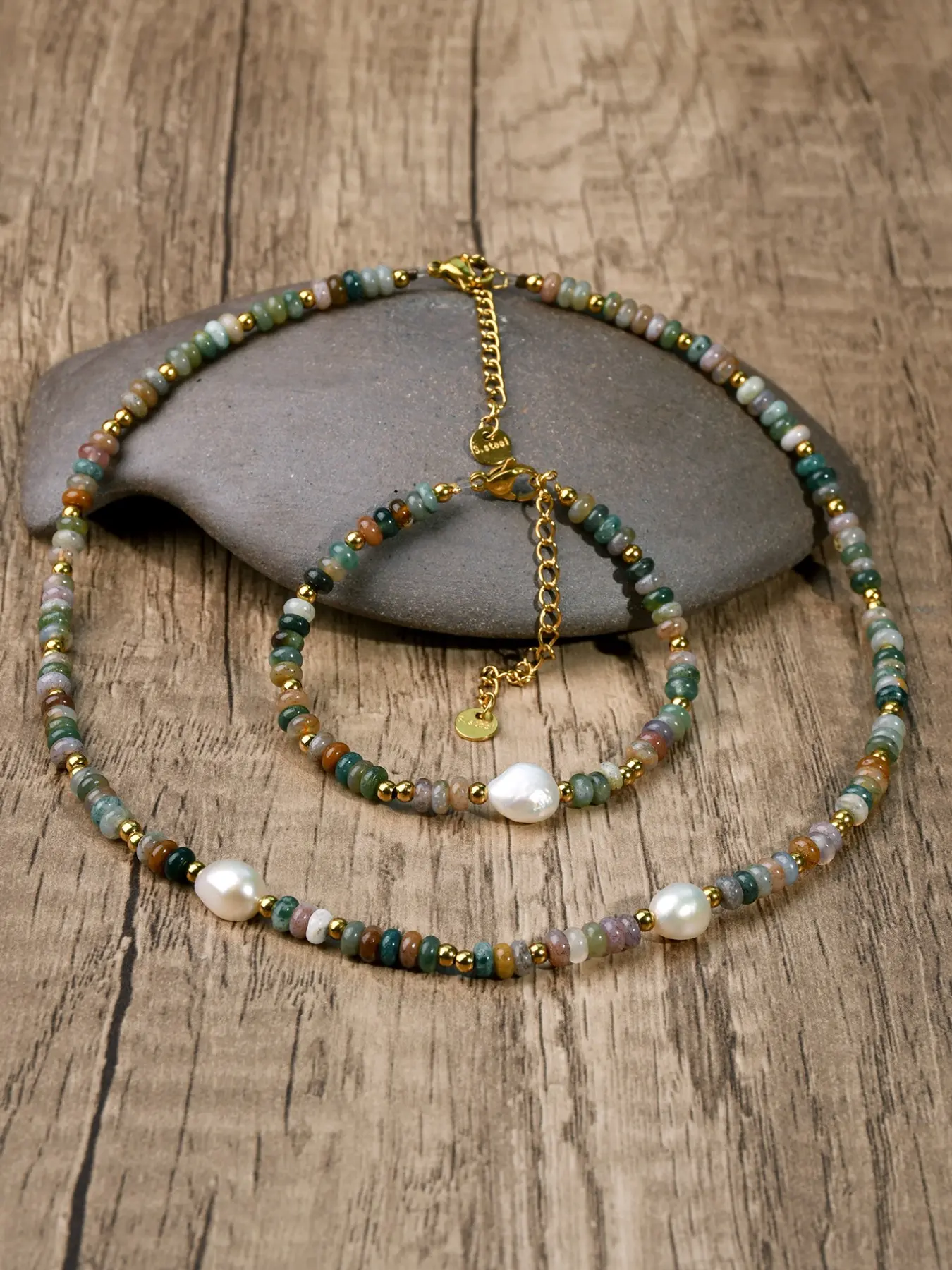 Boho Indian Agate Baroque Freshwater Pearl Necklace Bracelet Set, Ethnic Natural Stone Handmade Jewelry, Luxury Gift