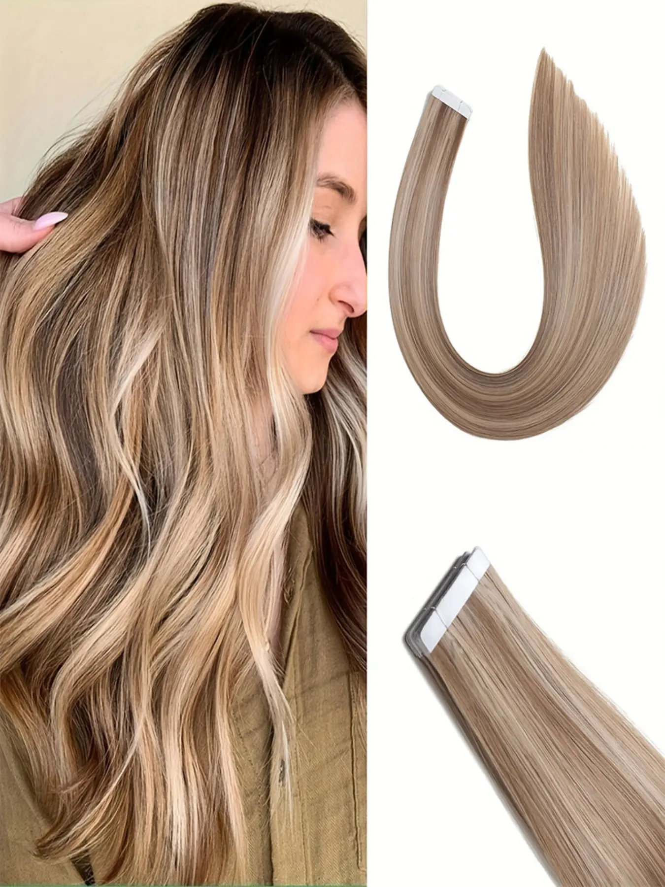 10pcs Invisible PU Tape in Hair Extensions, Straight Synthetic Hairpieces, P8/18/22 Color, 20 Inch Medium Length, 2.5g per pc,total 25g,Perfect for Parties, Holidays, Daily Use, Gifts for Women