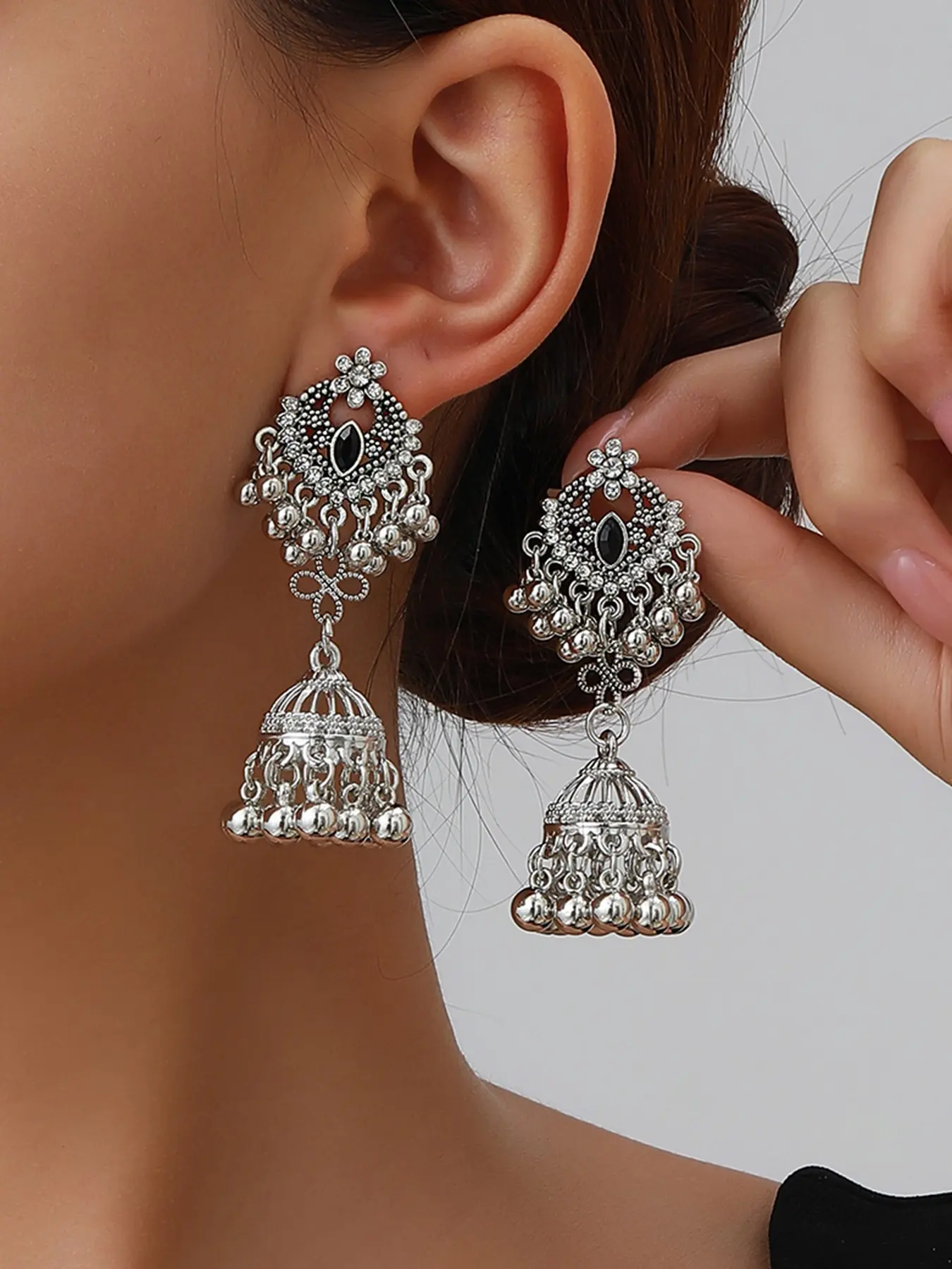 1 Pair Antique Silver Indian Jhumka Earrings for Women, Vintage Oxidized Black Crystal Filigree Bell Drop Dangle Earrings with Ghungroo Beads, Bollywood Boho Tribal Festival Accessories