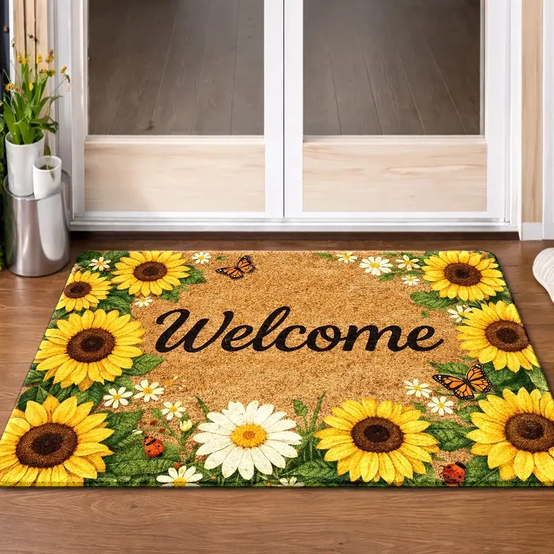 1pc Door Mat Entrance Mat, Sunflower Butterfly Welcome Doormat, Durable Machine Washable, Universal Indoor Floor Mat, Suitable for Kitchen, Bedroom, Living Room