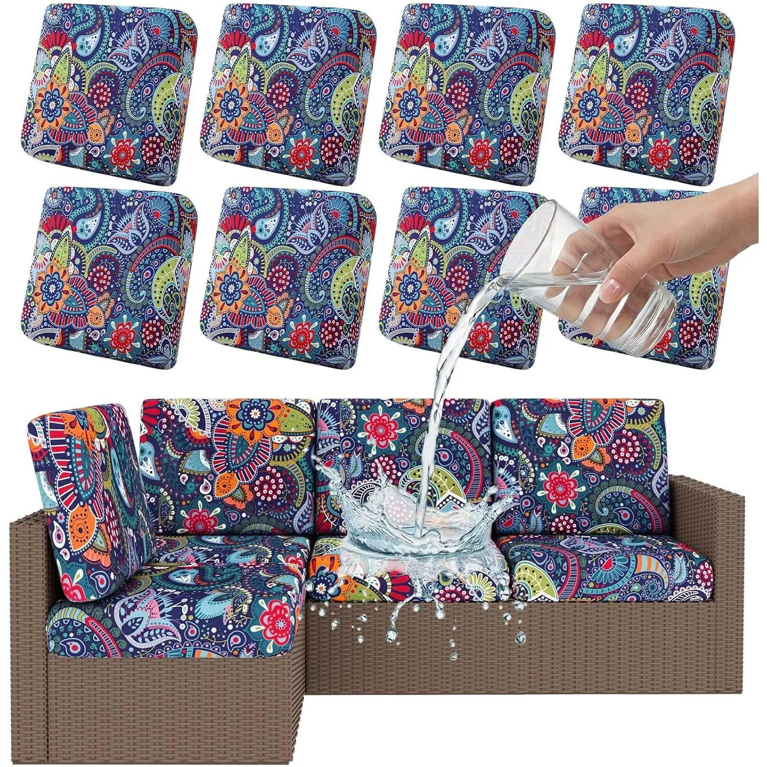 8-Piece Stretch Fabric Waterproof Patio Cushion Covers, Outdoor Couch Slipcovers, Washable Furniture Protector for Pet & Dog Sofa Chair Seats (Blue Green), 8 Pieces