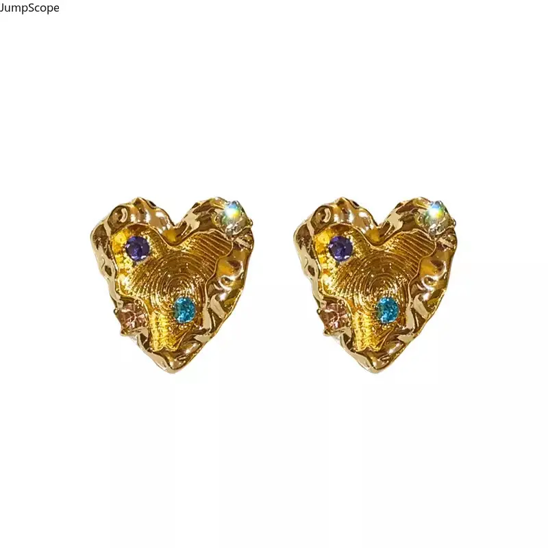 Women's Irregular Textured Metal Heart Stud Earrings - Vintage Unique Design, Multicolored Crystals Inlaid, Elegant Versatile Ear Jewelry for Women (Indoor Recreation Accessory)