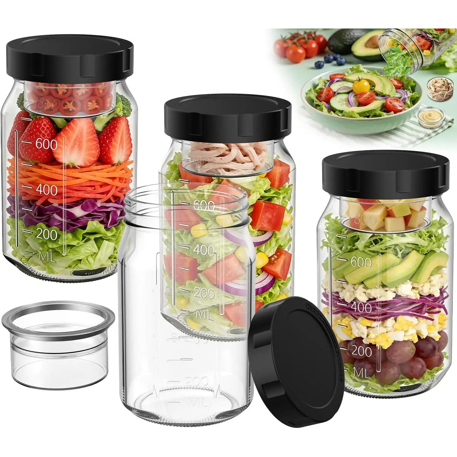 4 Pack Glass Salad Mason Jars with  for Meal Prep, 32oz | Portable Leakproof Wide Mouth  Storage Containers with Wet & Dry Separation,for Overnight Oats, Lunch, -the-Go Meals