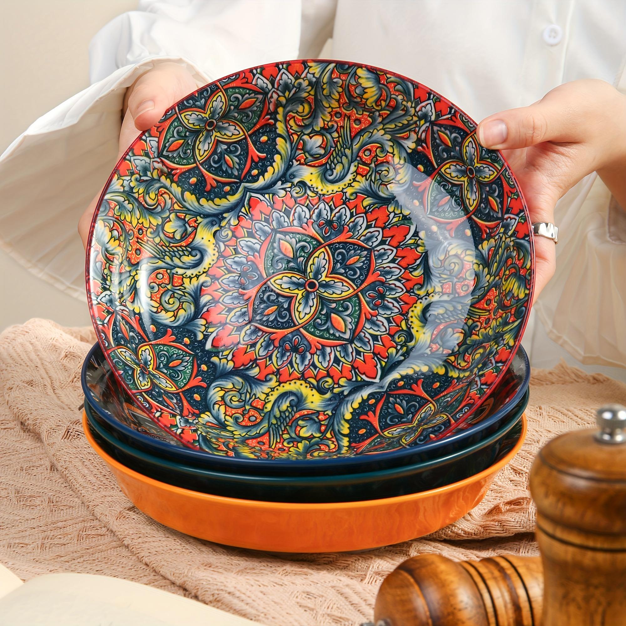 Bohemian Style Floral Pattern Ceramic Dinner Plate Set, 4 Counts/set Creative Dish Plate, Large Deep Plate for Home and Restaurant Use, Salad Serving Plates