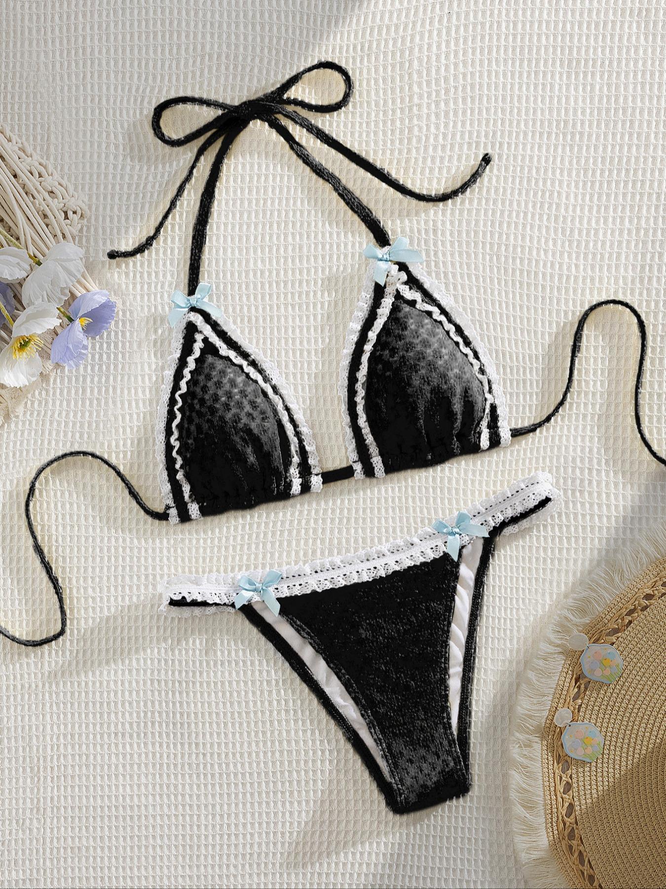 Two-Piece Set Women's Contrast Lace Bow Decor Bikini Set, Casual Tie Back Swim Bra & Swim Bottoms, Ladies Swimsuit for Beach Vacations, Summer Halter Bathing Suit