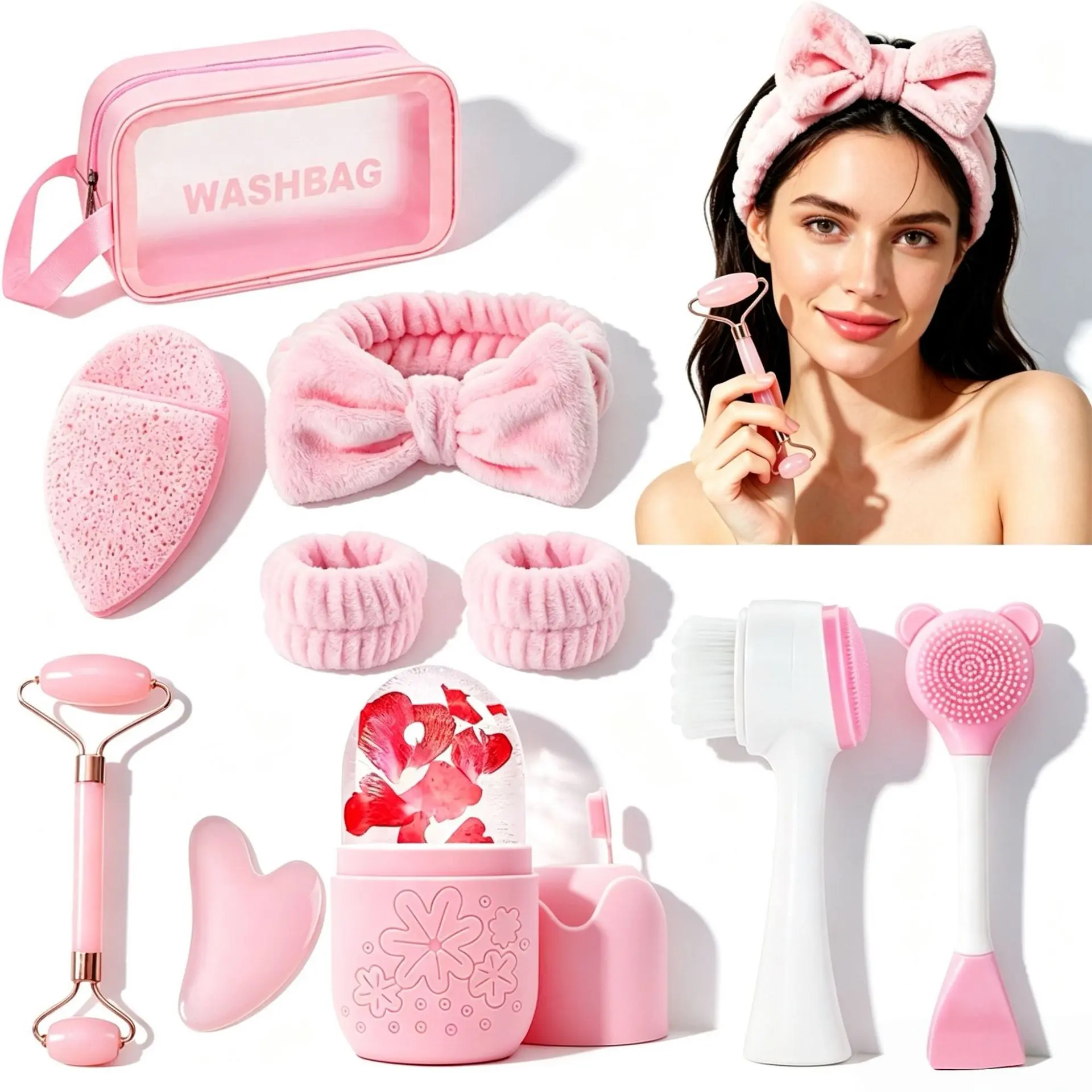 10-piece face wash headband and wristband set, pink makeup and skincare headband, beauty massage tools and cleansing set with gua sha board and massage comb, suitable for girls, soft hair accessories, a perfect spa day gift for women